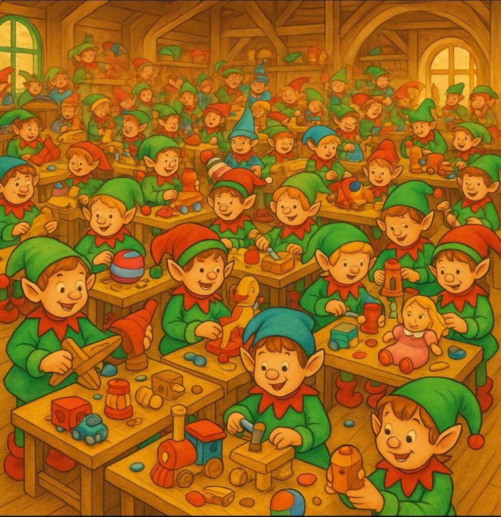 illustrazione di bambini che, come piccoli elfi, costruiscono la loro storia seguendo le istruzioni dei Pizzini per Bambini.